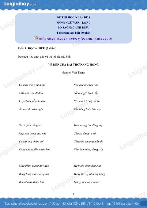 Đề thi học kì 1 Văn 7 Cánh diều - Đề số 8